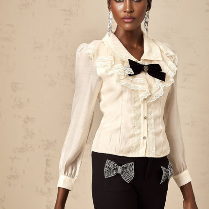 Sarah White Lace Trimmed Bowknot Bow Crystal Top