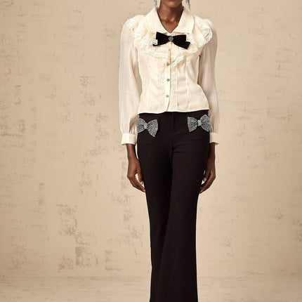 Sarah White Lace Trimmed Bowknot Bow Crystal Top