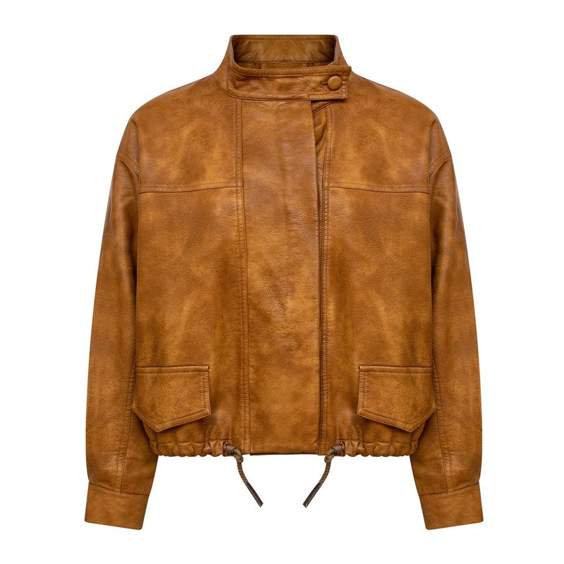 Sarah wearing Vintage Brown PU Leather Bomber Jacket