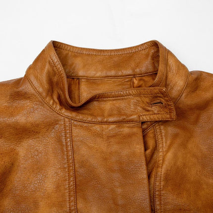 Sarah wearing Vintage Brown PU Leather Bomber Jacket