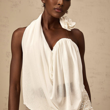 Sarah White Floral-appliqué Halter-neck Top