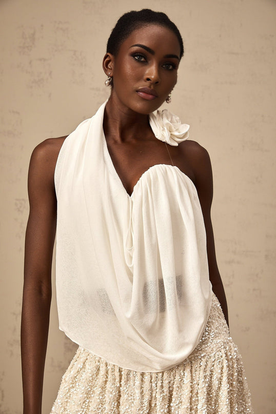 Sarah White Floral-appliqué Halter-neck Top