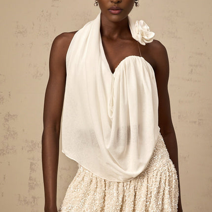 Sarah White Floral-appliqué Halterneck Top