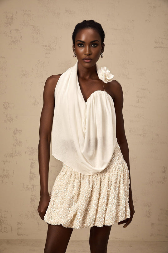 Sarah White Floral-appliqué Halter-neck Top