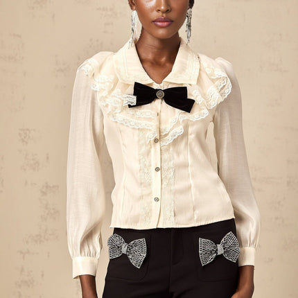 Sarah White Lace Trimmed Bowknot Bow Crystal Top
