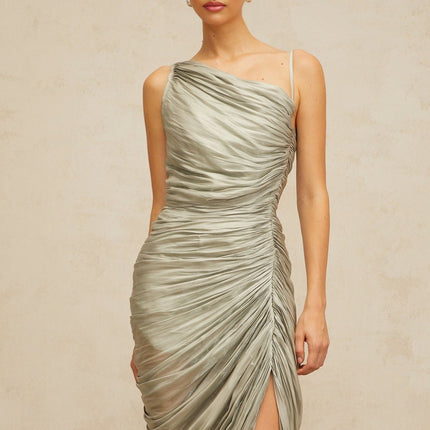 Sarai Grayish Green Midi Dress with Mono Shoulder Design and Asymmetrical Hem