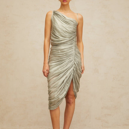 Sarai Grayish Green Midi Dress with Mono Shoulder Design and Asymmetrical Hem