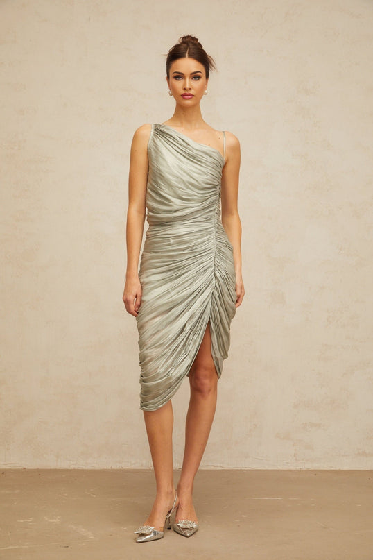 Sarai Grayish Green Midi Dress with Mono Shoulder Design and Asymmetrical Hem