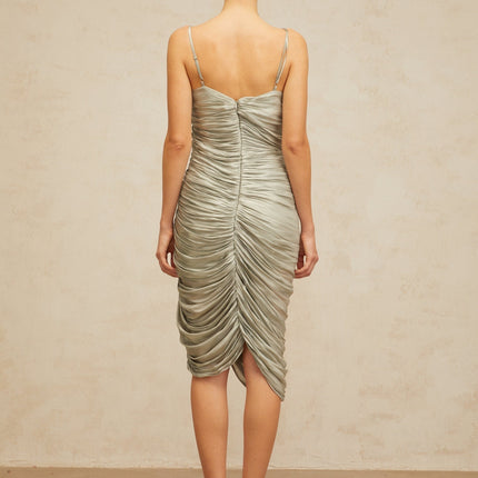 Sarai Grayish Green Midi Dress with Mono Shoulder Design and Asymmetrical Hem