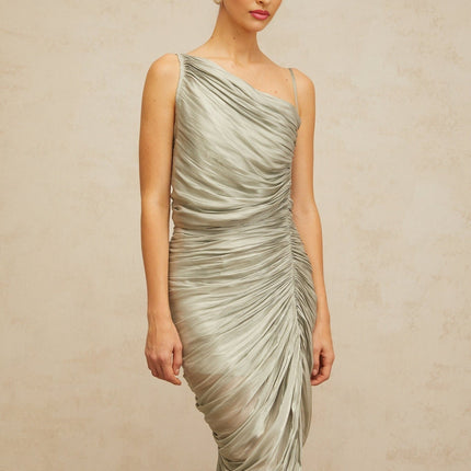 Sarai Grayish Green Midi Dress with Mono Shoulder Design and Asymmetrical Hem