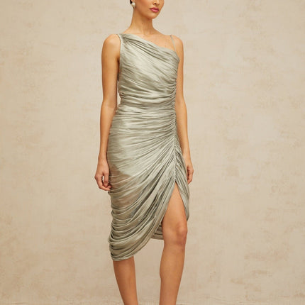 Sarai Grayish Green Midi Dress with Mono Shoulder Design and Asymmetrical Hem