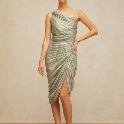 Sarai Grayish Green Midi Dress Mono Shoulder Sleeveless Ruched Asymmetrical Hem