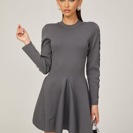 Sarai Grey Knit Cut-out Mini Dress with Flared Skirt and Long Sleeves