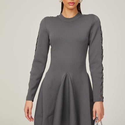 Sarai Grey Knit Cut-out Mini Dress with Flared Skirt