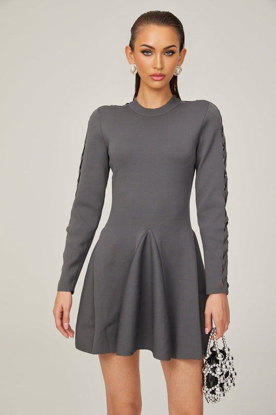 Sarai Grey Knit Cut-out Mini Dress with Flared Skirt