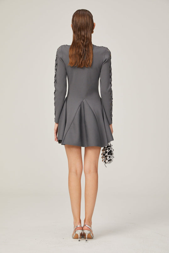 Sarai Grey Knit Cut-out Mini Dress with Flared Skirt