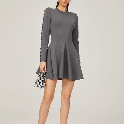 Sarai Grey Knit Cut-out Mini Dress with Flared Skirt Long Sleeves Crew Neck