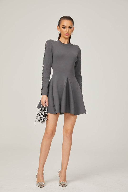 Sarai Grey Knit Cut-out Mini Dress with Flared Skirt Long Sleeves Crew Neck