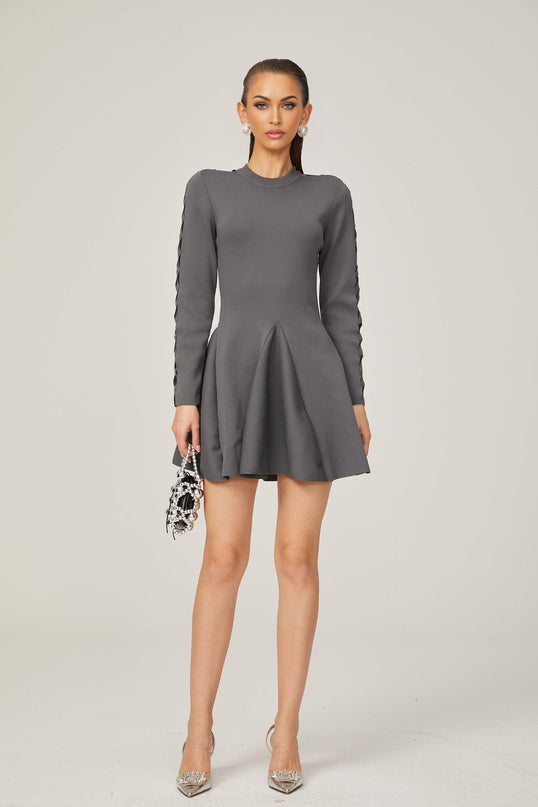 Sarai Grey Knit Cut-out Mini Dress with Flared Skirt