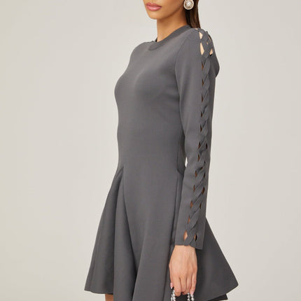 Sarai Grey Knit Cut-Out Mini Dress with Flared Skirt Long Sleeves Crew Neck