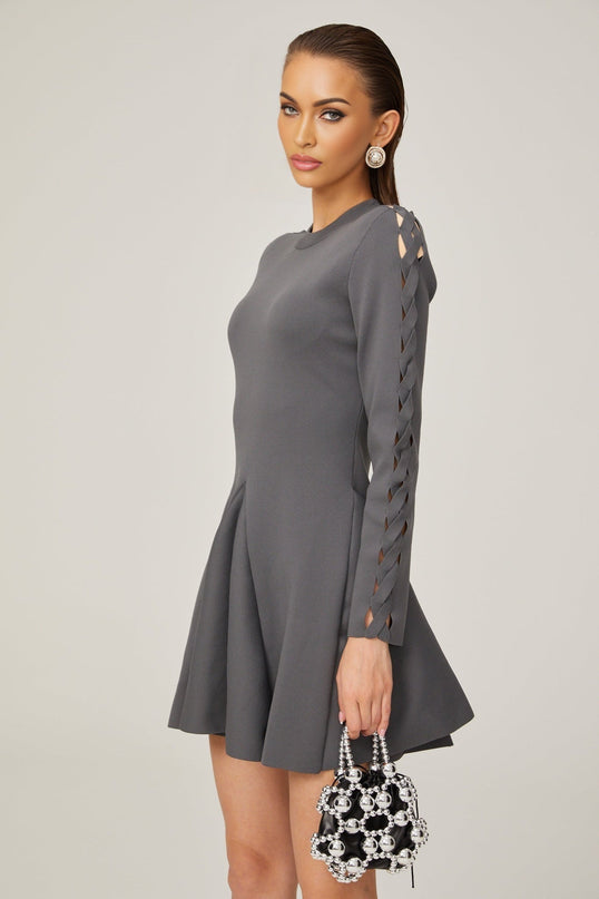 Sarai Grey Knit Cut-Out Mini Dress with Flared Skirt Long Sleeves Crew Neck