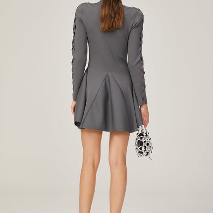 Sarai Grey Knit Cut-out Mini Dress with Flared Skirt and Long Sleeves