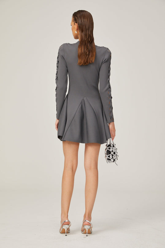 Sarai Grey Knit Cut-out Mini Dress with Flared Skirt and Long Sleeves
