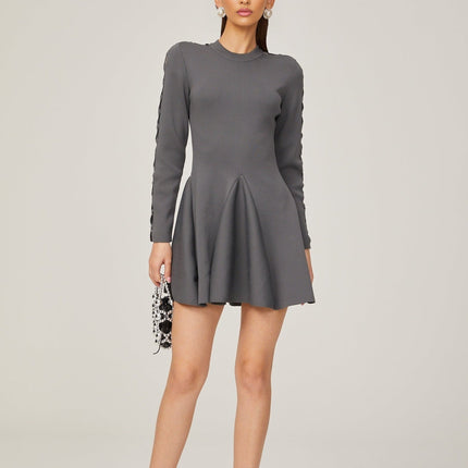 Sarai Grey Knit Cut-out Mini Dress with Flared Skirt and Long Sleeves