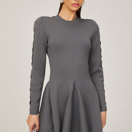 Sarai Grey Knit Cut-out Mini Dress with Flared Skirt Long Sleeves Crew Neck