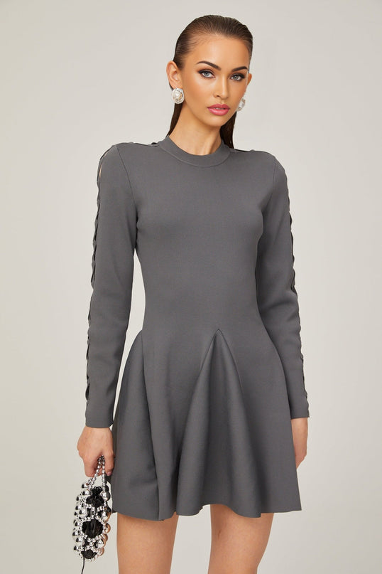Sarai Grey Knit Cut-out Mini Dress with Flared Skirt Long Sleeves Crew Neck