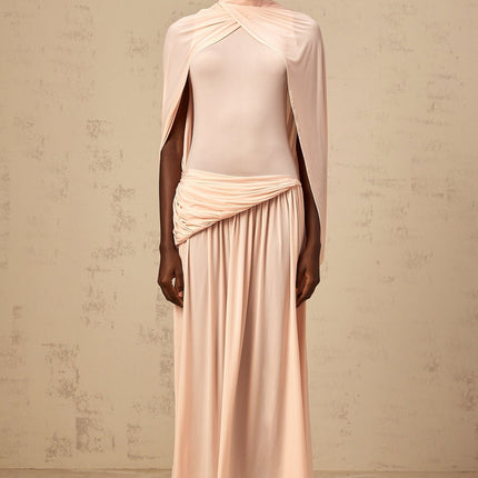 Sarai Pink Maxi Dress with Cape Design and Pleated Skirt