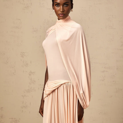 Sarai Pink Maxi Dress Spandex Cape Pleated Skirt Asymmetrical Silhouette Shimmer Panel Elegant Slip-On Style Graceful Maxi Length