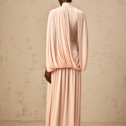 Sarai Pink Maxi Dress Sleeveless Cape Pleated Asymmetrical Silhouette