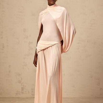 Sarai Pink Maxi Dress with Cape Design and Pleated Skirt
