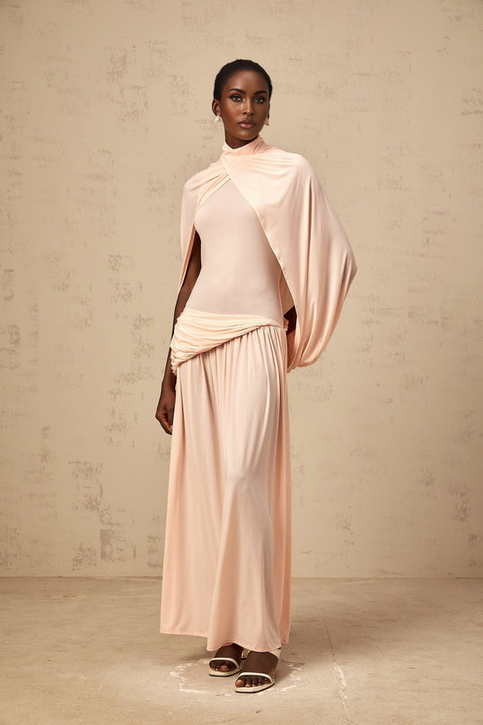Sarai Pink Maxi Dress with Cape Design and Pleated Skirt