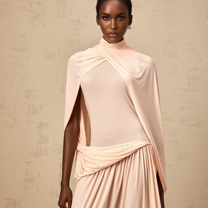 Sarai Pink Maxi Dress with Cape Design and Pleated Skirt