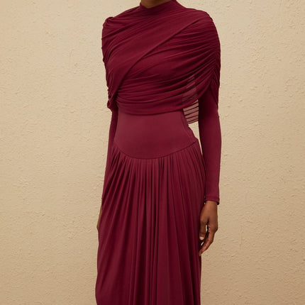 Sarai Red Maxi Dress Polyamide Elastane Crew Neck Long Sleeves Pleated Mesh Shawl Asymmetrical Draped Floor Length