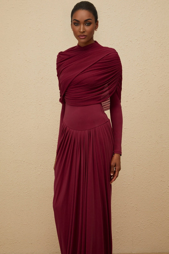 Sarai Red Maxi Dress Polyamide Elastane Crew Neck Long Sleeves Pleated Mesh Shawl Asymmetrical Draped Floor Length