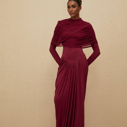 Sarai Red Maxi Dress Polyamide Elastane Crew Neck Long Sleeves Pleated Mesh Shawl Asymmetrical Draped Floor-length