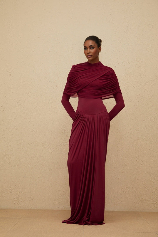 Sarai Red Maxi Dress Polyamide Elastane Crew Neck Long Sleeves Pleated Mesh Shawl Asymmetrical Draped Floor-length