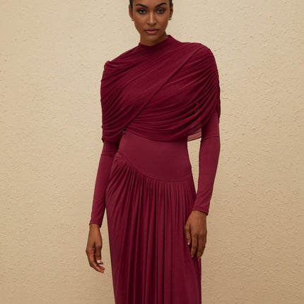 Sarai Red Maxi Dress Polyamide Elastane Crew Neck Long Sleeves Pleated Mesh Shawl Asymmetrical Draped Floor-Length