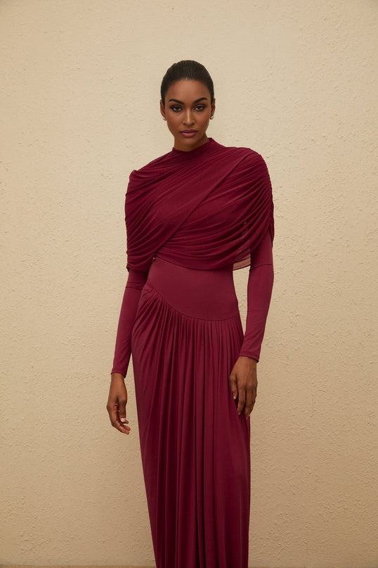Sarai Red Maxi Dress Polyamide Elastane Crew Neck Long Sleeves Pleated Mesh Shawl Asymmetrical Draped Floor-Length