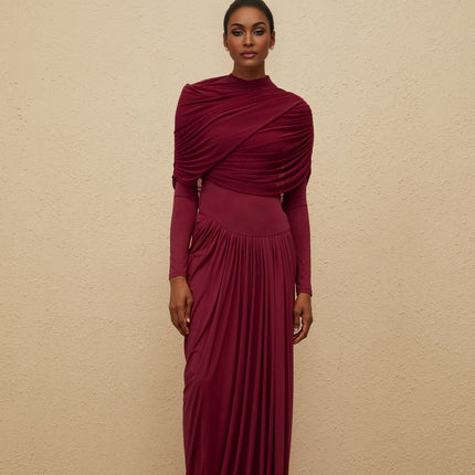 Sarai Red Maxi Dress Polyamide Elastane Crew Neck Long Sleeves Pleated Mesh Shawl Asymmetrical Draped Floor-length