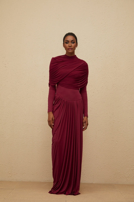 Sarai Red Maxi Dress Polyamide Elastane Crew Neck Long Sleeves Pleated Mesh Shawl Asymmetrical Draped Floor-length