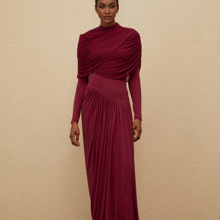 Sarai Red Maxi Dress Polyamide Elastane Crew Neck Long Sleeves Pleated Mesh Shawl Asymmetrical Draped Floor-Length