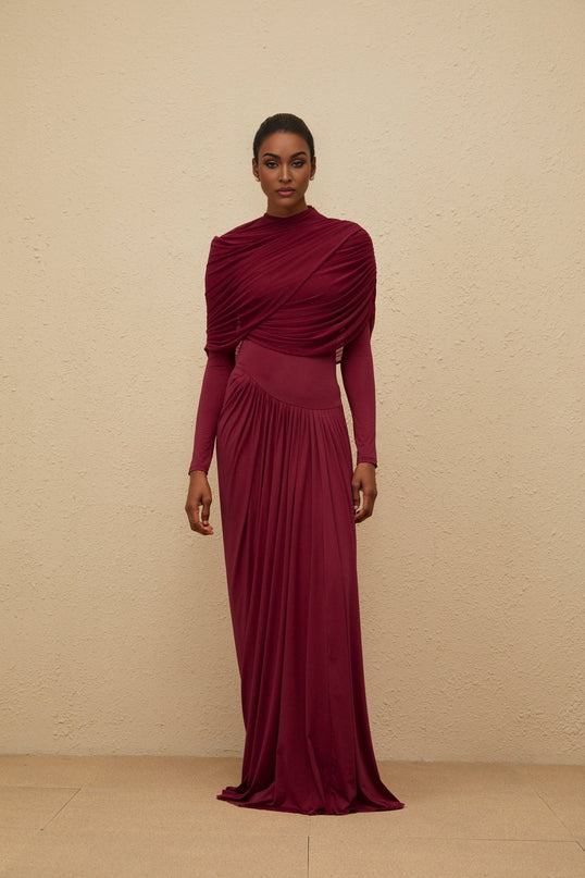 Sarai Red Maxi Dress Polyamide Elastane Crew Neck Long Sleeves Pleated Mesh Shawl Asymmetrical Draped Floor-Length