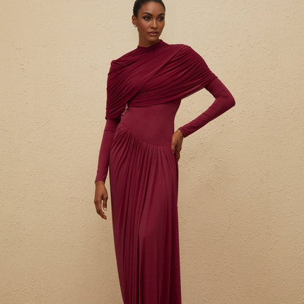 Sarai Red Maxi Dress Polyamide Elastane Crew Neck Long Sleeves Pleated Mesh Shawl Asymmetrical Draped Elegant Chic Floor-Length