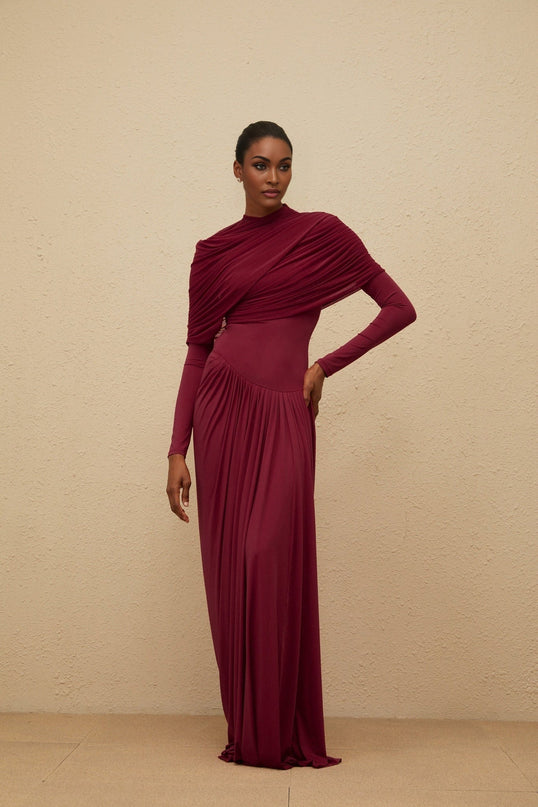 Sarai Red Maxi Dress Polyamide Elastane Crew Neck Long Sleeves Pleated Mesh Shawl Asymmetrical Draped Elegant Chic Floor-Length
