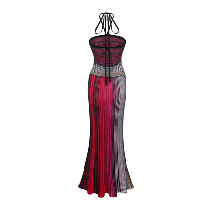 Sarai Red Metallic Knit Glitter Striped Halterneck Maxi Dress