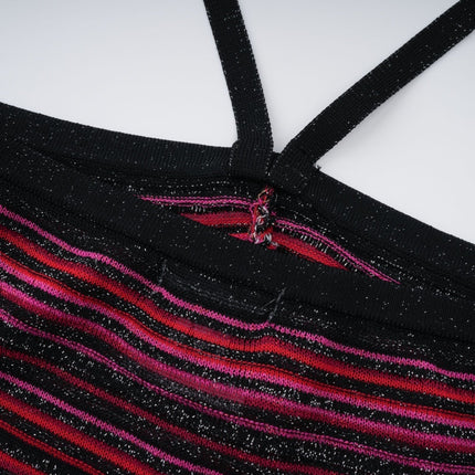 Sarai Red Metallic Knit Glitter Striped Halterneck Maxi Dress